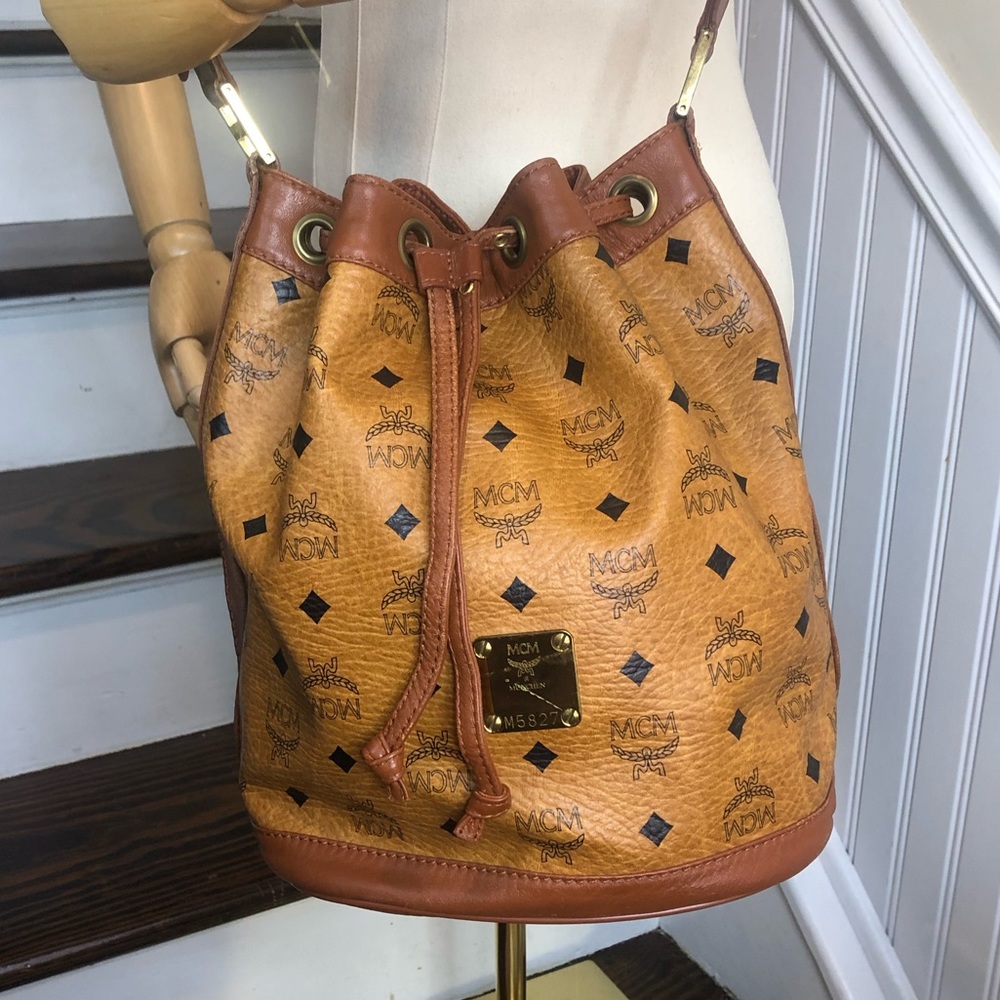 MCM Visetos Cognac Leather Monogram Bucket Drawstring Crossbody Bag EUC